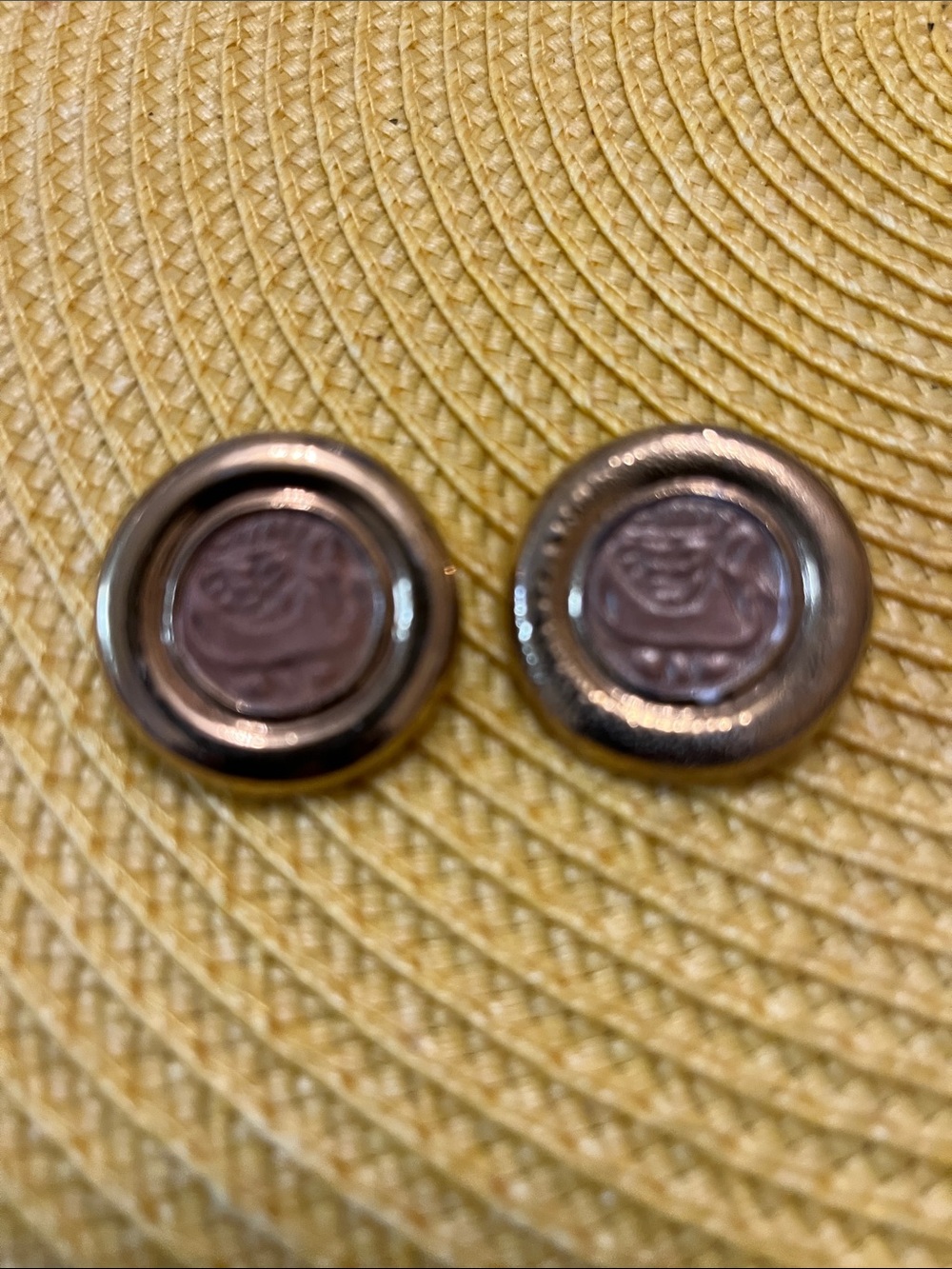 Round Gold-Tone Button Earrings with Brown Center